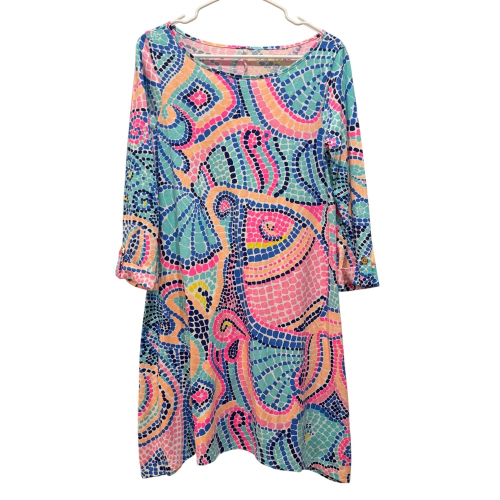 Lilly Pulitzer Edna Mosaic Print Long Sleeve Beach Cotton Shift Dress Size S
